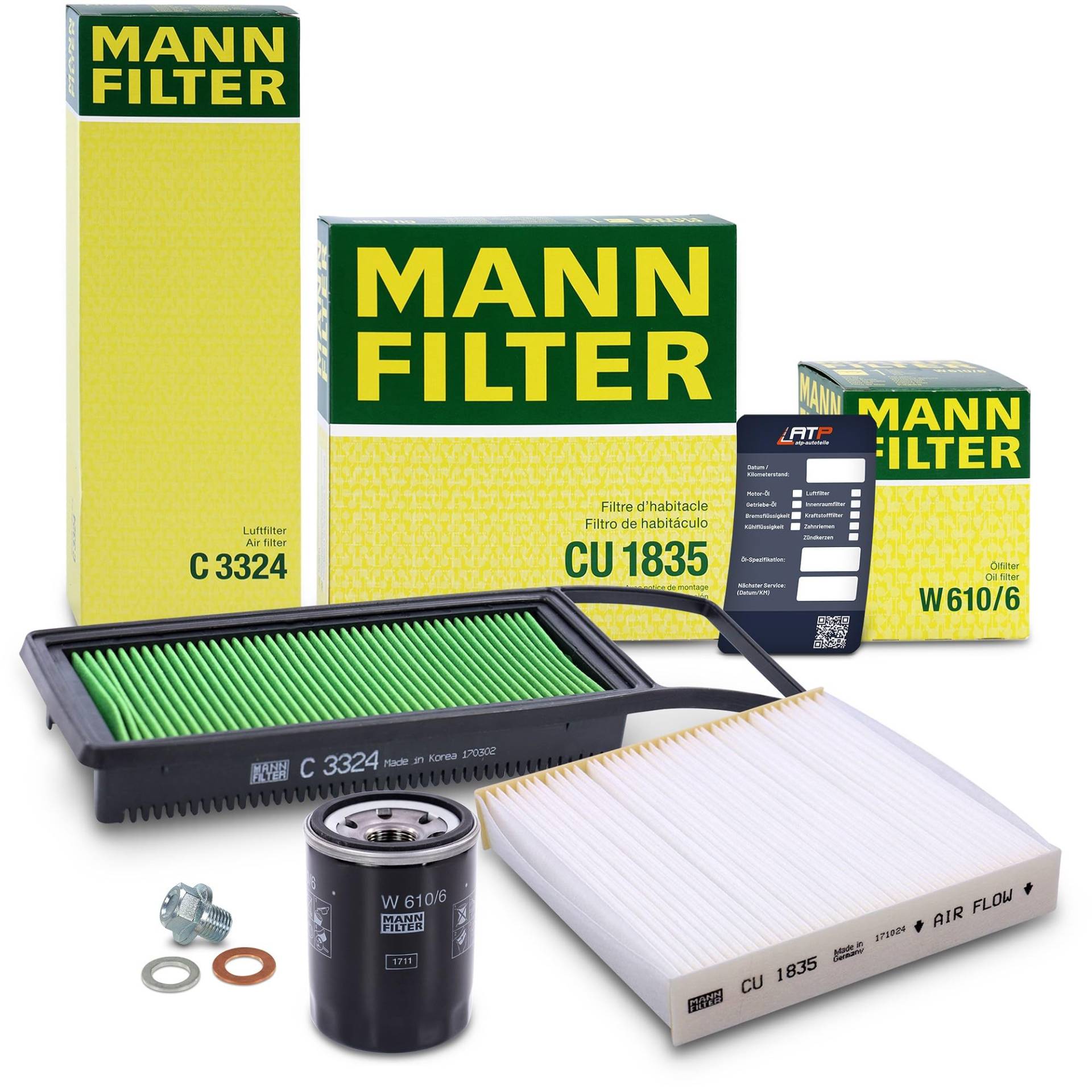 MANN-FILTER Inspektionspaket Filterset 1x Ölfilter, 1x Luftfilter, 1x Innenraumfilter, 1x Ölablassschraube mit Dichtring, 1x Ölwechselanhänger Kompatibel mit HONDA JAZZ II (GD_, GE3, GE2) von Generisch