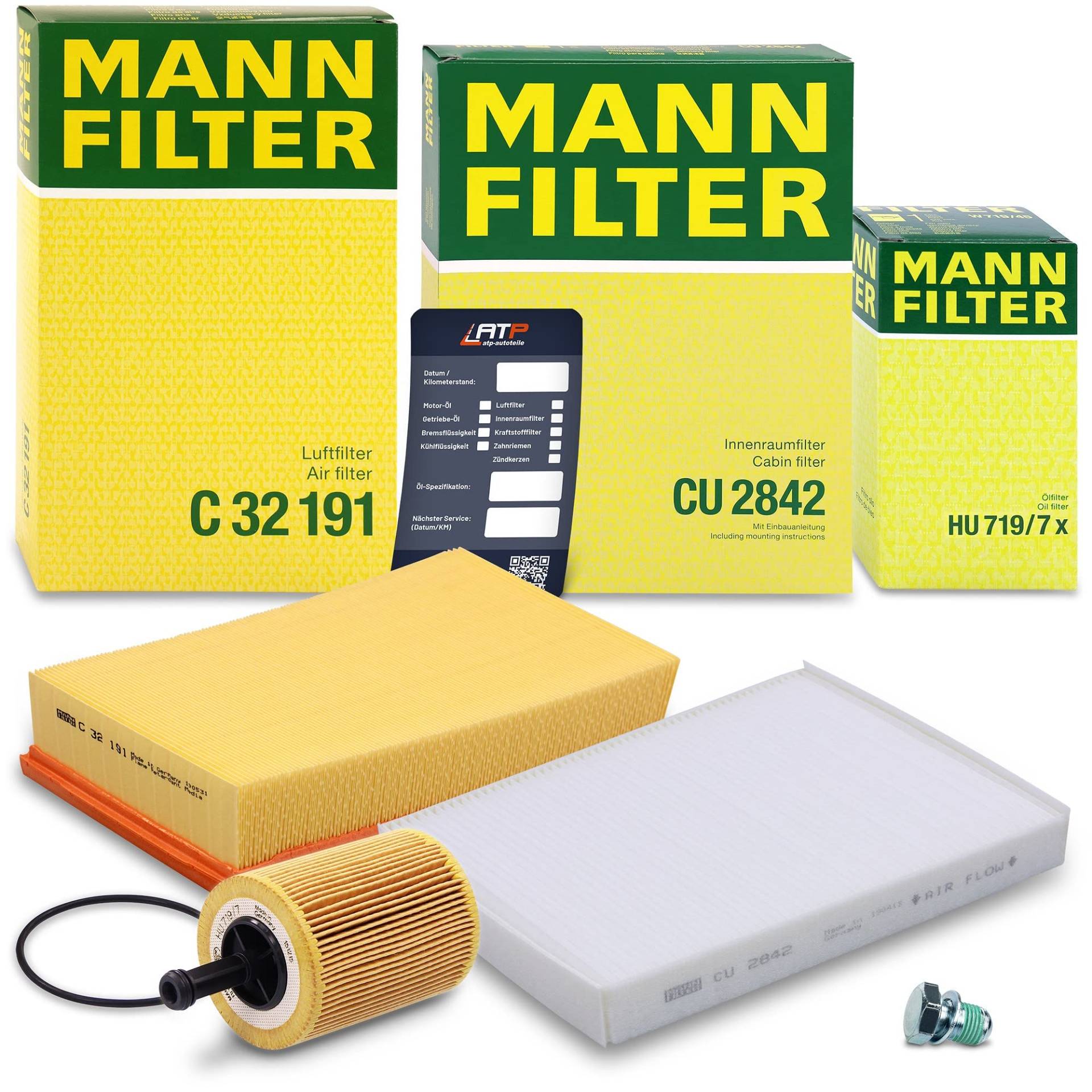 MANN-FILTER Inspektionspaket Filterset 1x Ölfilter, 1x Luftfilter, 1x Innenraumfilter, 1x Ölablassschraube mit Dichtring, 1x Ölwechselanhänger Kompatibel mit VW MULTIVAN T5, TRANSPORTER T5 MANN-FILTER Inspektionspaket Filterset 1x Ölfilter, 1x Luftfilter, 1x Innenraumfilter, 1x Ölablassschraube mit Dichtring, 1x Ölwechselanhänger Kompatibel mit VW MULTIVAN T5, TRANSPORTER T5 von Generisch