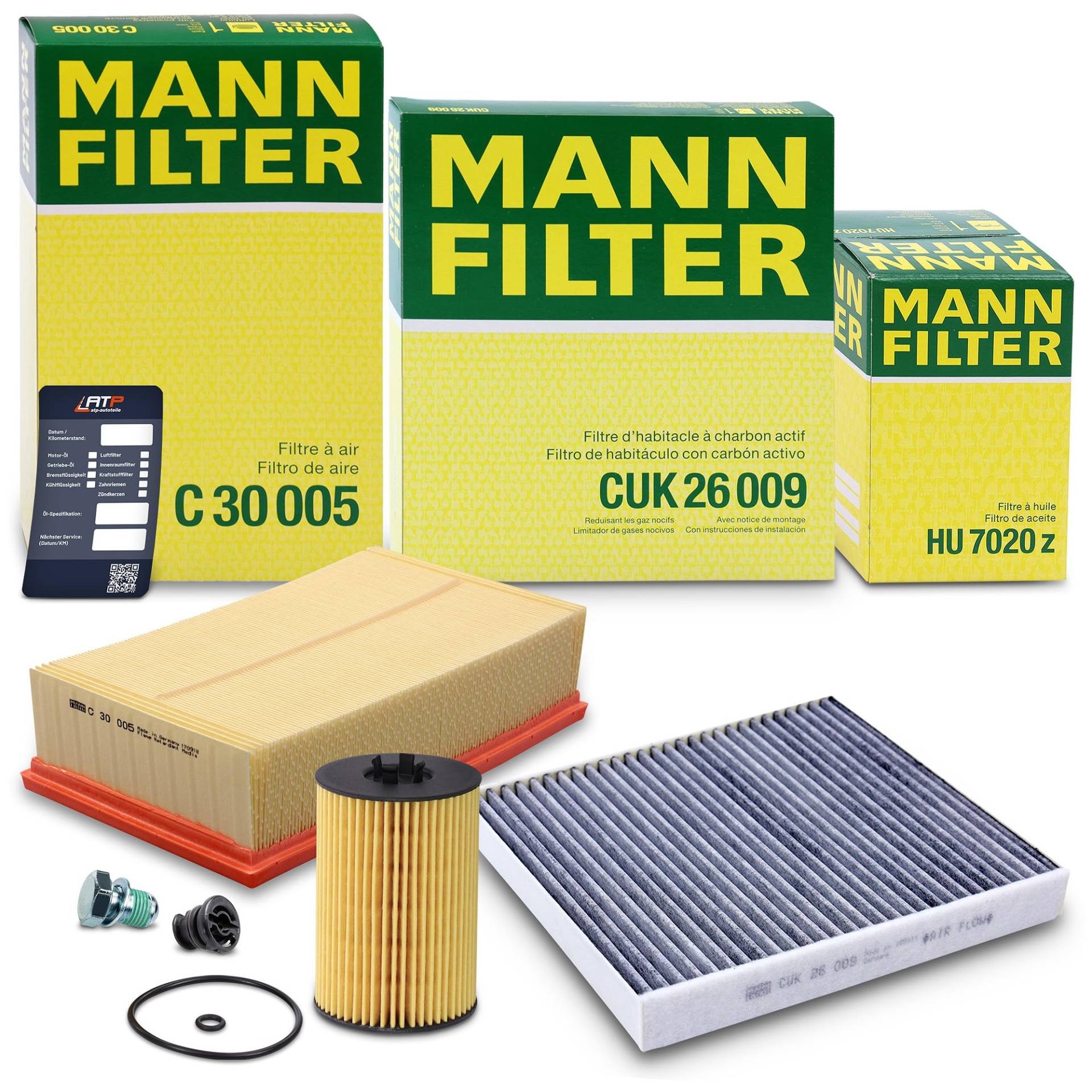 MANN-FILTER Inspektionspaket Filterset 1x Ölfilter, 1x Luftfilter, 1x Innenraumfilter (Aktivkohlefilter), 1x Ölablassschraube mit Dichtring, 1x Ölwechselanhänger, von Generisch