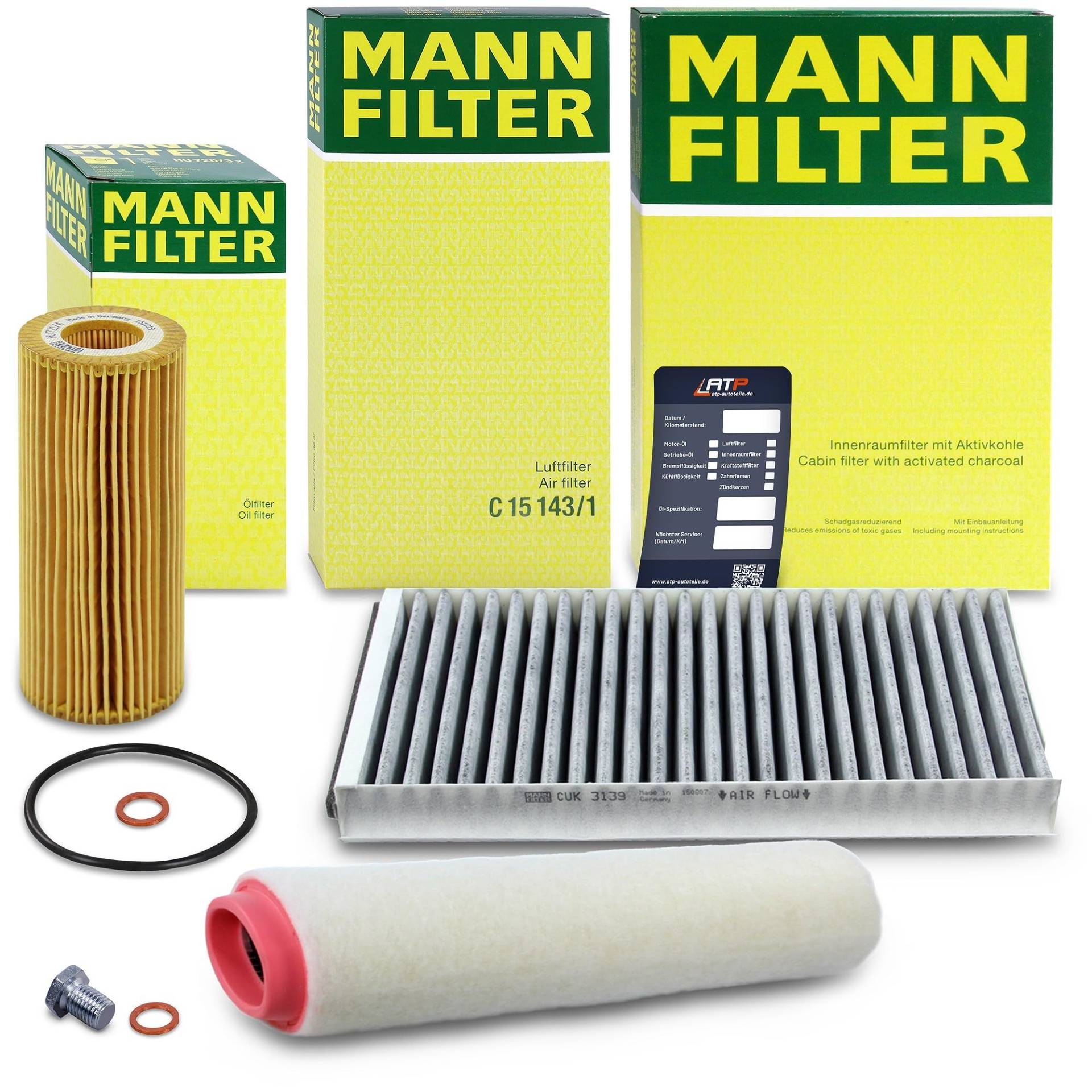 MANN-FILTER Inspektionspaket Filterset 1x Ölfilter, 1x Luftfilter, 2x Innenraumfilter (Aktivkohle), 1x Ölwechselanhänger Kompatibel mit BMW 5er (E60), 5er Touring (E61) von Generisch