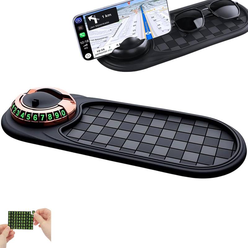 Multifunktions-Antirutschmatte für Auto,Handyhalterung Auto,360 Grad Drehbare rutschfeste Telefonhalterung Für Autos, Rutschfestes Telefonpad Dashboard mit Parkscheibe (Gray-Gold) von Generisch