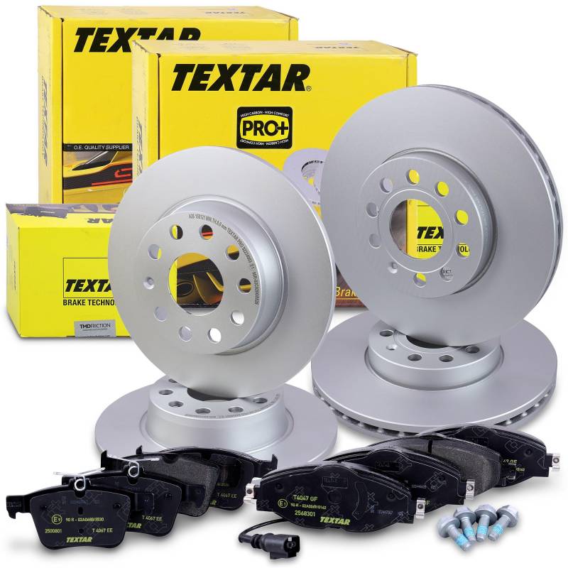 TEXTAR Bremsenset inkl. Bremsscheiben vorne Ø 288 mm innenbelüftet + hinten Ø 272 mm voll und Bremsbeläge vorne + hinten Kompatibel mit VW GOLF 7, T-ROC, AUDI A3, SEAT LEON, SKODA KAROQ von Generisch