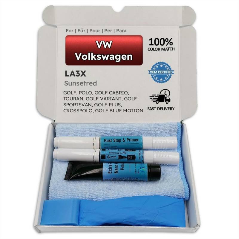 Genuine Colors Lackstift SUNSETRED LA3X für VW Volkswagen Rot Golf Polo Cabrio TOURAN Variant SPORTSVAN Plus CROSSPOLO Blue Motion von Genuine Colors