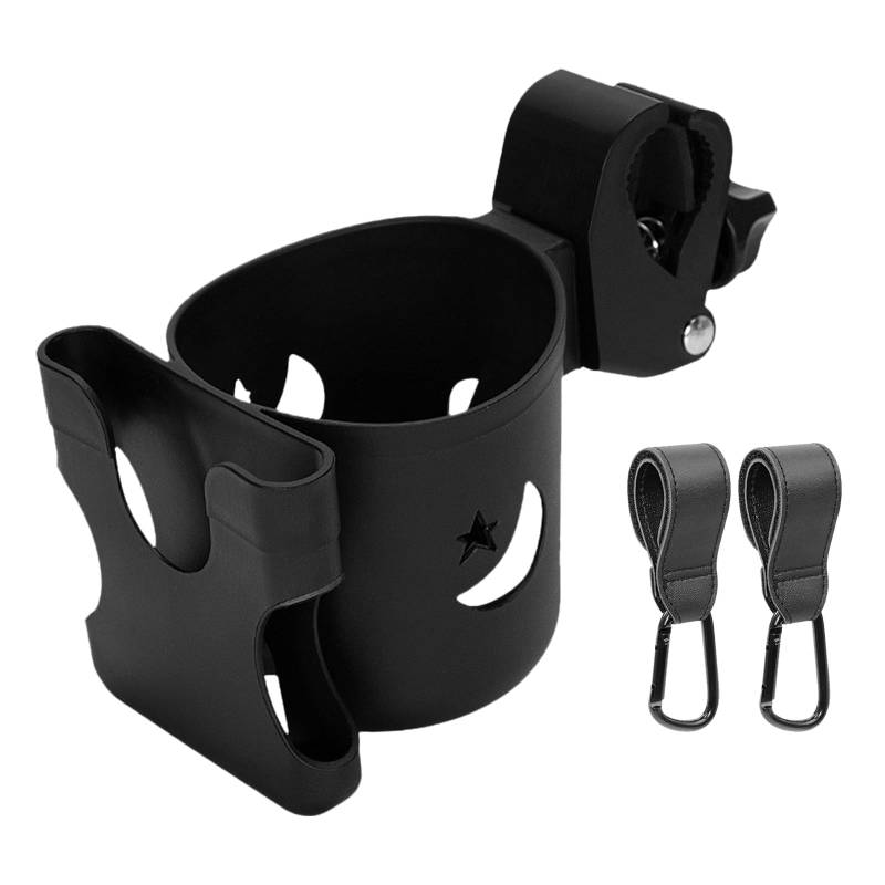 Geoyien Getränkehalter Kinderwagen, Becherhalter Kinderwagen, 1 Kinderwagenbecherhalter mit 2 Kinderwagenhaken, Schwarz von Geoyien