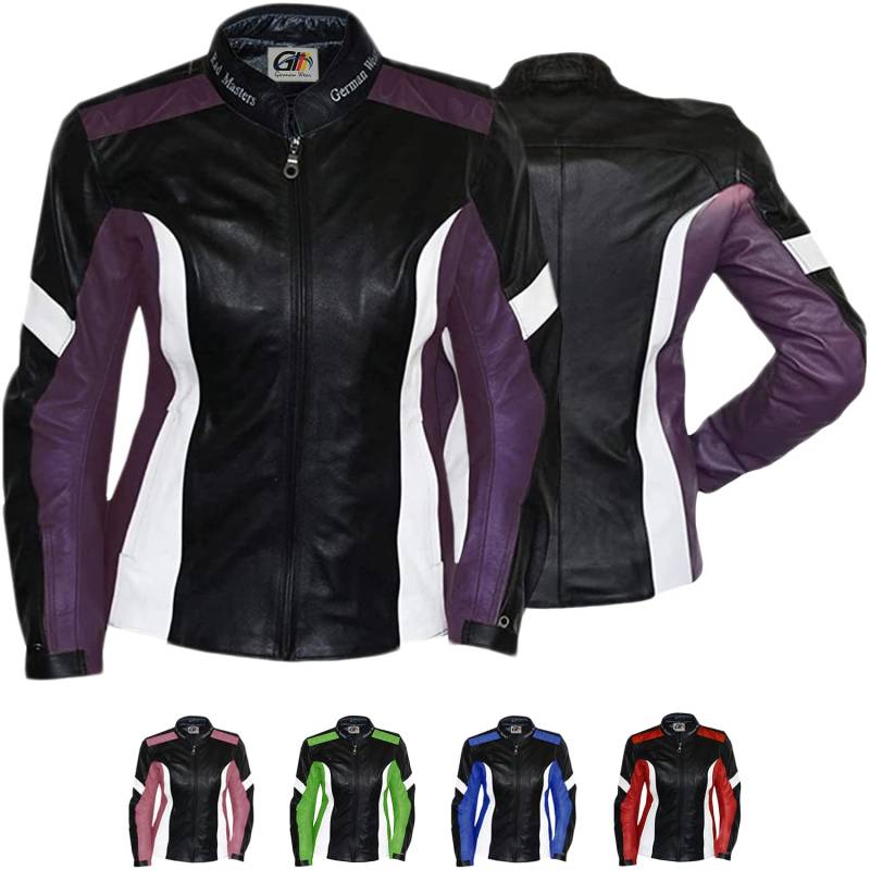 German Wear Damen Lederjacke Motorradjacke L Schwarz/Lila/Weiß von German Wear