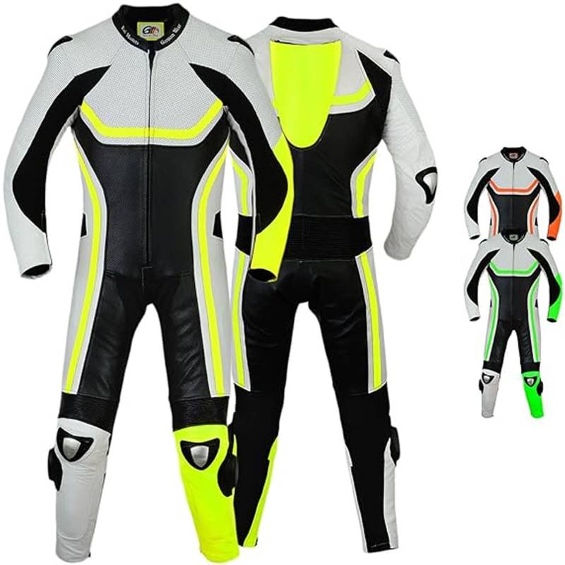 German Wear Fluoreszierender Einteiler Motorradkombi Motorrad Lederkombi aus Rindsleder echtleder Kombi, Größe:48/S, Farbe:Gelb von German Wear