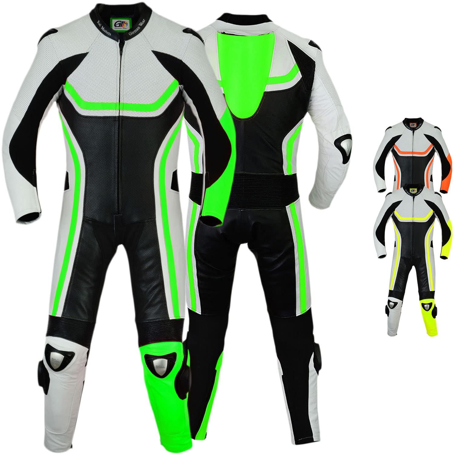 German Wear Fluoreszierender Einteiler Motorradkombi Motorrad Lederkombi aus Rindsleder Echtleder Kombi, Größe:52/L, Farbe:Grün von German Wear