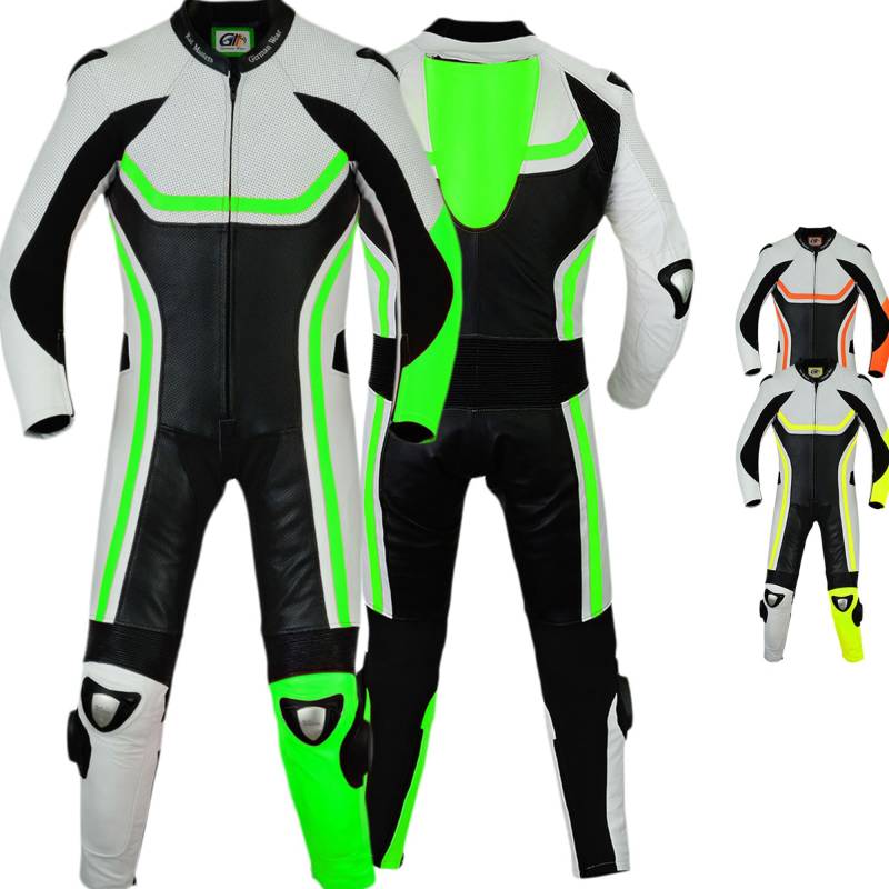 German Wear Fluoreszierender Einteiler Motorradkombi Motorrad Lederkombi aus Rindsleder echtleder Kombi, Größe:54/XL, Farbe:Grün von German Wear