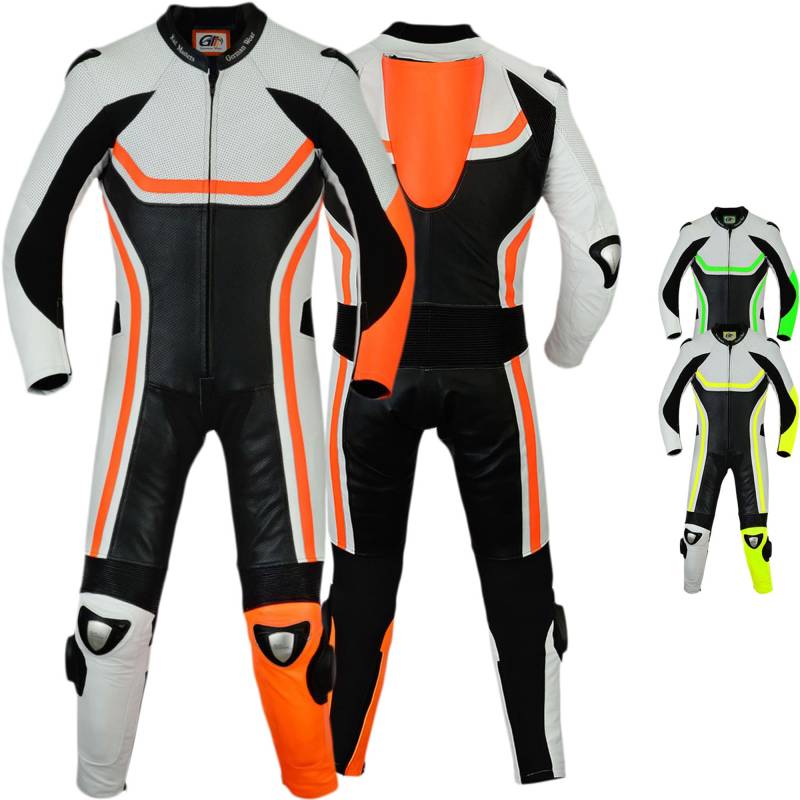 German Wear Fluoreszierender Einteiler Motorradkombi Motorrad Lederkombi aus Rindsleder echtleder Kombi, Größe:54/XL, Farbe:Orange von German Wear