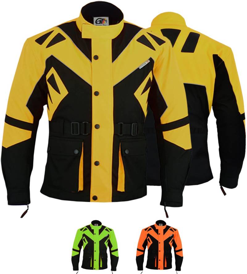 German Wear Motorradjacke Herren mit CE1-Protektoren - 5 Taschen, aus 4 Schichten, Winddicht, Reflektierend, lange Jacke - Abnehmbar & Washbar Thermofutter - Neonfarben Extra Sichtbarkeit - Gelb - M von German Wear