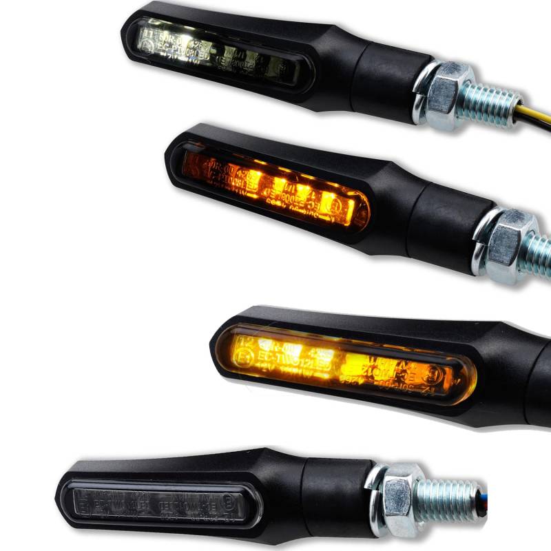 Germany Motorsports LED Motorrad Miniblinker Set Shark e-geprüft schwarz universal 12V (Standlicht Blinker + LED Blinker, 2 Paar) von Germany Motorsports