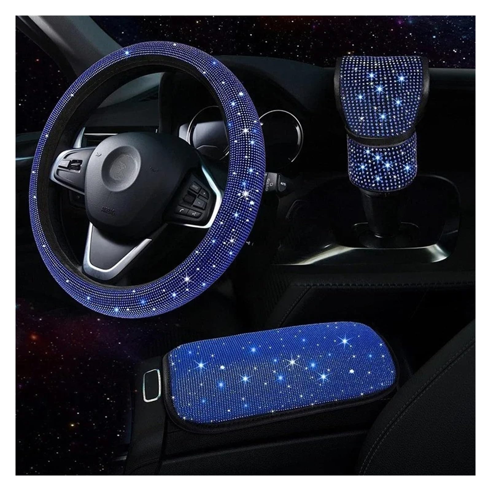 Lenkradabdeckung 3Pcs Strass Lenkrad Abdeckung Schalthebel Abdeckung Armlehne Matte Pad Bling Auto Decortion Styling Auto Zubehör Set Auto Lenkradhüllen(Blue) von Ggwqoops