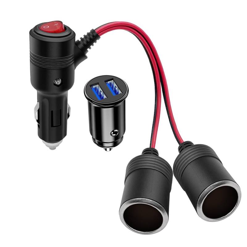 Giantdeer 12V Zigarettenanzünder Verteiler Cable, 15AWG, 1 bis 2 KFZ Auto Zigarettenanzünder Verteiler 12V mit Schalter+3.1A 12V Dual USB Mini Autoladegerät für 12V/24V Auto Motorrad LKW von Giantdeer