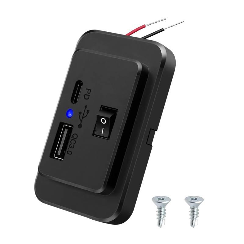 Giantdeer USB C Steckdose 12V, Dual USB Schnellladesteckdose, Typ C USB C Camper Steckdose mit ON/OFF Schalter, PD2.0 Typ-C und QC3.0 USB Auto Steckdose, für 12V~26V Auto Bus ATV Marine Trucks von Giantdeer