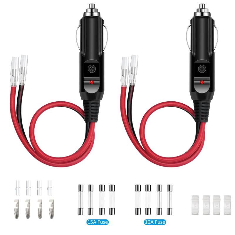 2 Stück 12V/24V Zigarettenanzünderstecker Stecker mit LED-Licht 16AWG Auto Universalstecker 12V/24V mit 10A/15A Sicherung von Giantdeer