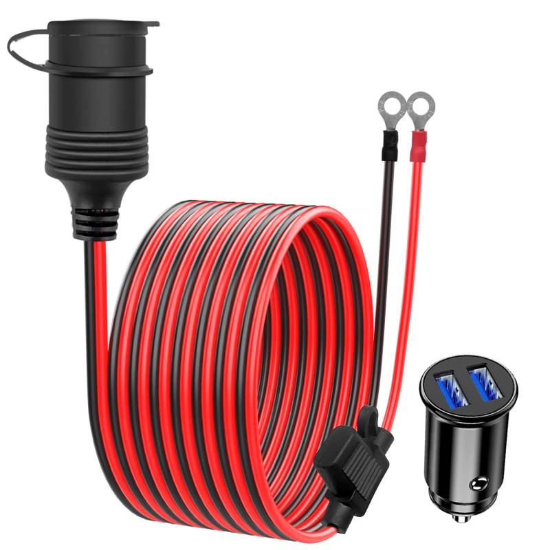 Giantdeer 2M Auto Wasserdichte Zigarettenanzünderbuchse, 15AWG 20A Anschlusskabel, 12V Verlängerungskabel Zigarettenanzünderbuchse mit Ringklemmen, 12-24V Dual USB Mini Autoladegerät für Auto/Motorrad von Giantdeer