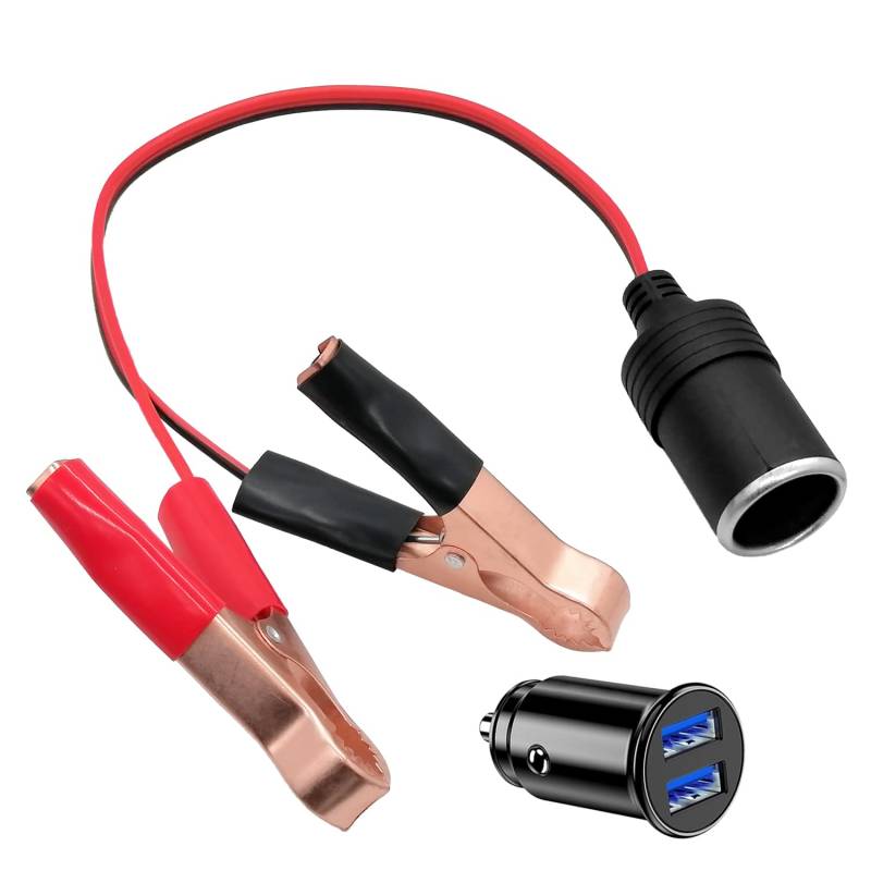Giantdeer 30cm KFZ Zigarettenanzünder Kabel, Auto Krokodilklemmen 12V zu Zigarettenanzünder Adapter, 18AWG Alligator Clip zu 12V Auto Zigarettenanzünder + 5V/3.1A Mini Dual USB Port Auto Ladegerät von Giantdeer