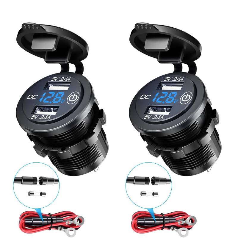 Giantdeer 2PCS Dual USB 12V Steckdose mit LED Digital Voltmeter und Schalter, 4.8A Wasserdichtes Einbau USB Steckdose, Zigarettenanzünder USB Einbaubuchse für 12V/24V Autos Motorräder LKWs(Blau) von Giantdeer