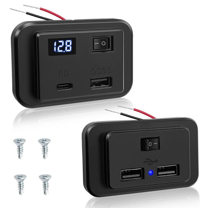 Giantdeer 2PCS USB Steckdose12V mit Schalter und LED Voltmeter, 40W Dual USB C Steckdose 12V Wohnmobil, PD+QC3.0,+4.8A Dual 12V USB Ladebuchse Panel für 12V-26V Auto/Wohnmobil/Boot von Giantdeer