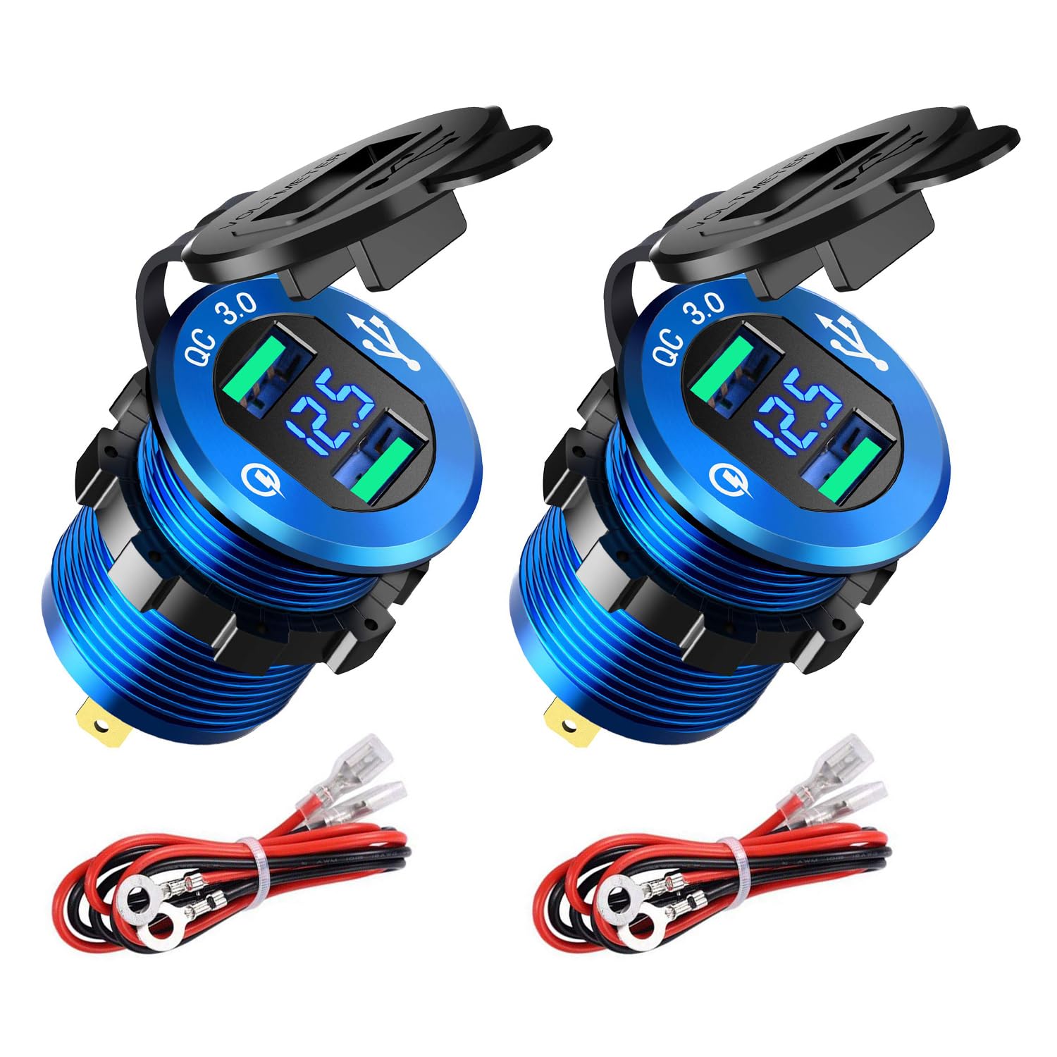 Giantdeer 2PCS QC3.0 Dual USB Schnellladung Ladegerät，4.8A Wasserdichtes Zigarettenanzünder Steckdose，Zigarettenanzünder Ladegerät mit LED Voltmeter，für 12V/24V Auto, Boot, Motorrad（Blau） von Giantdeer