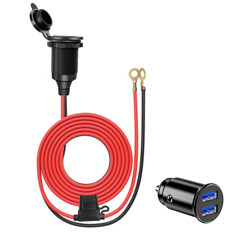 Heavy Duty Zigarettenanzünder-Buchse zu O Ring Terminal，wasserdichte 12V/24V DC Zigarettenanzünder-Buchse, 14AWG 20A Anschlusskabel, Dual USB Mini-Ladegerät für Auto/Motorrad/Boot（2M/6FT） von Giantdeer