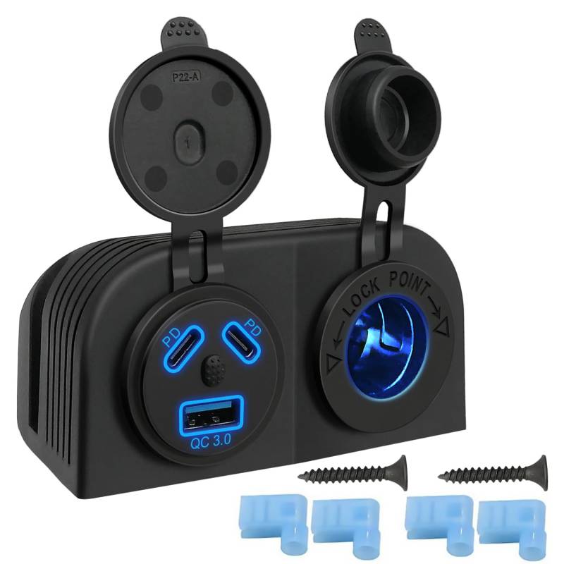 Zelttyp 2PD+QC3.0 Auto-Ladesteckdose, IP66 wasserdichte Steckdosenleiste mit Schlüsselschalter, 3 USB Steckdosen für 12-24V Auto, Boot, Buggy, Strandauto von Giantdeer