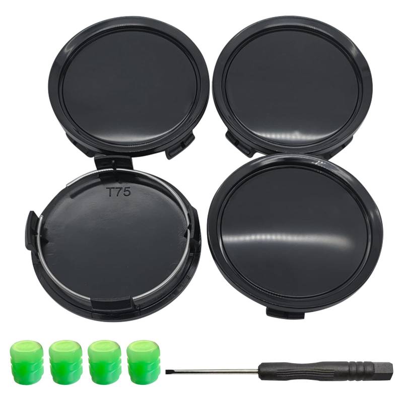 GisWell 4 Stück Nabendeckel 75MM Radnabenkappen Felgenkappen Schwarz, Radnabenabdeckung Felgendeckel Radnabendeckel kompatibel mit Mercedes, inkl. Schraubenzieher und 4 Grün Ventilkappen von GisWell