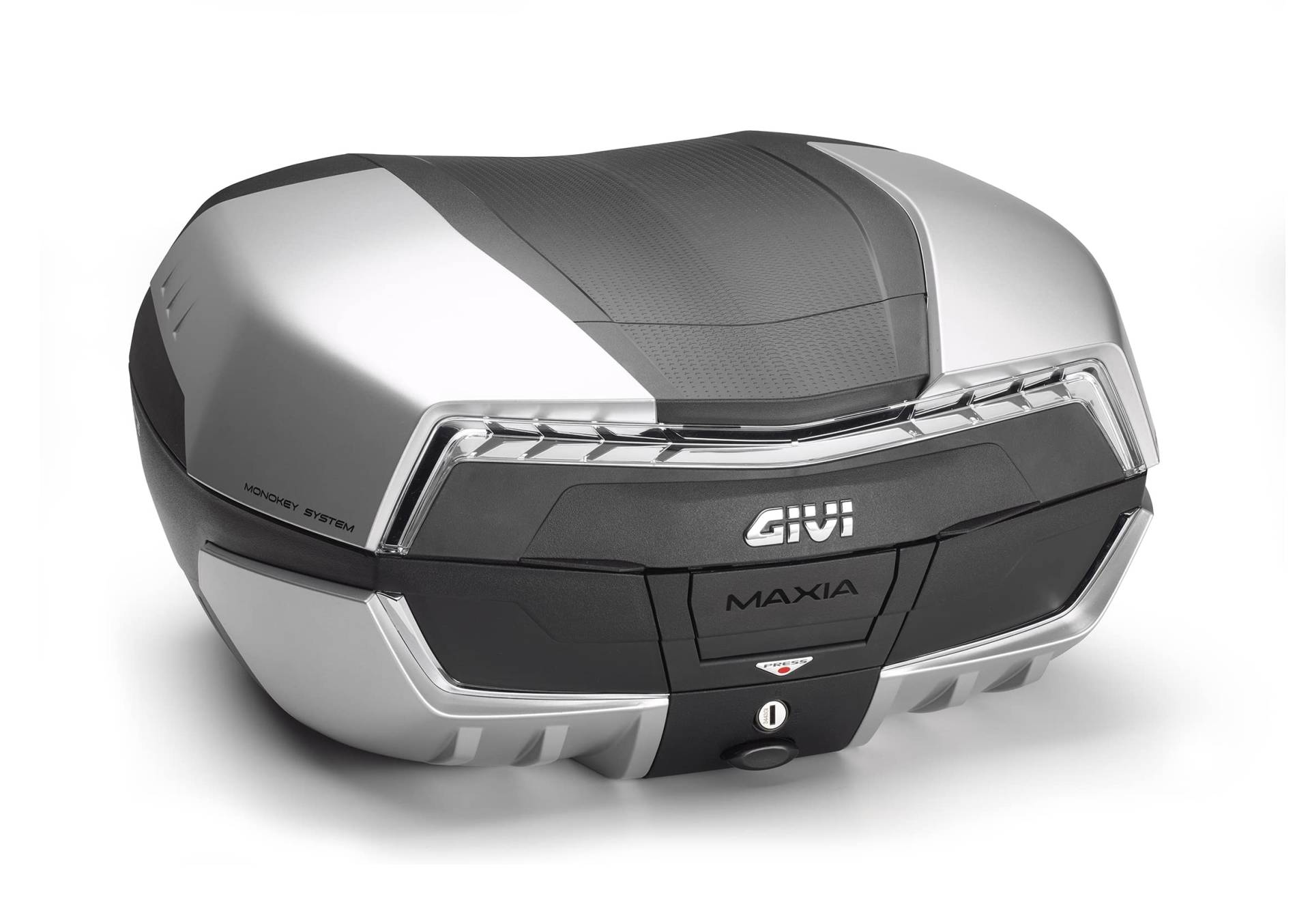 GIVI Monokey System Topcase Koffer V58NT MAXIA 5 TECH für Roller Motorrad 2 Helme 58 Liter Topcase hinten schwarz mit transparentem Rückstrahler und vier Abdeckungen lackiert in Aluminiumfarbe von Givi