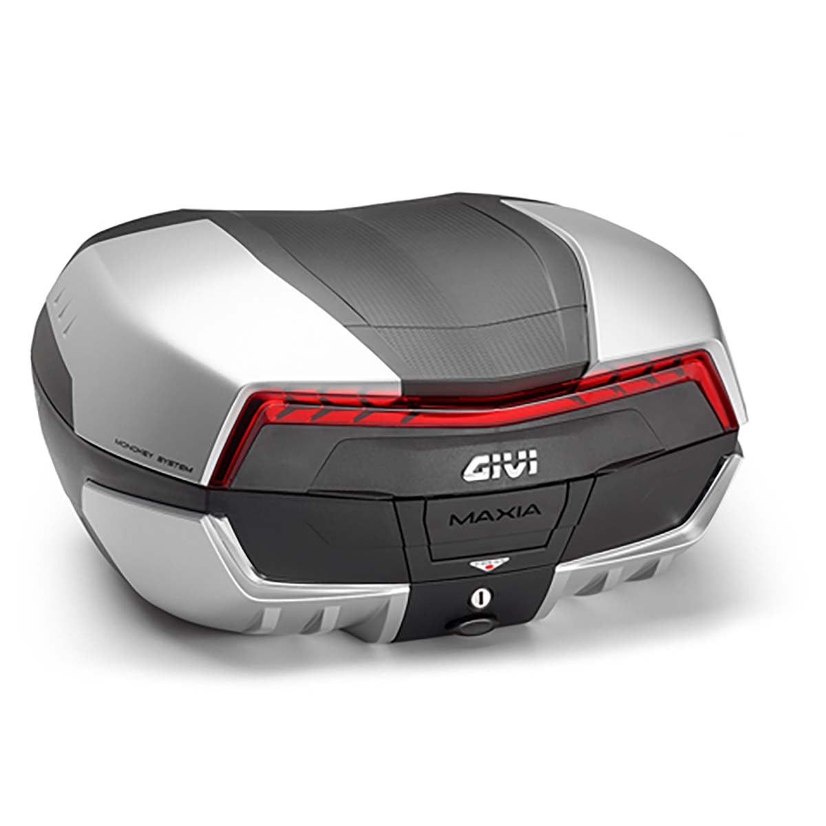 GIVI Topcase Monokey System Kofferraum V58N MAXIA 5 für Roller Motorrad 2 Helme 58 Liter Topcase hinten schwarz mit rotem Rückstrahler und vier Abdeckungen lackiert in Aluminiumfarbe von Givi