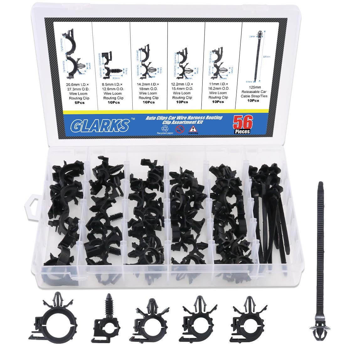 Glarks 56-Pieces Auto Clips Car Wire Harness Routing Clip Assortment Kit for Honda GM Mazda, 6 Size From 3/8" to 3/4" Loom Clips von Glarks