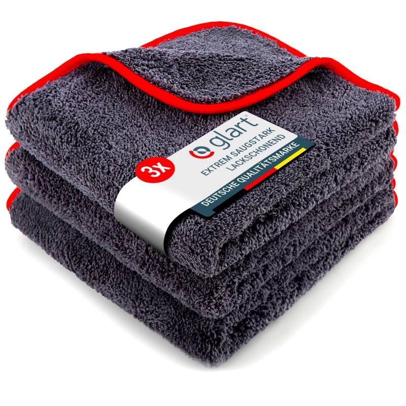Glart 443TP Premium Flausch 3er Set Auto Mikrofasertücher mit 600 GSM, Microfasertuch saugstark und ultra weiche fusselfreie Autopflege Poliertücher Waschset f. Pkw und Motorrad 40 x 40 cm Anthrazit von Glart