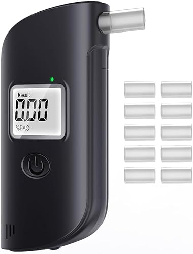 GlasFlength Elektronischer Alkoholtester, Alkoholtester mit digitaler Anzeige, LCD-Display, tragbar, Alkoholtester mit 10 Mundstücken für den Heimgebrauch (schwarz) von GlasFlength