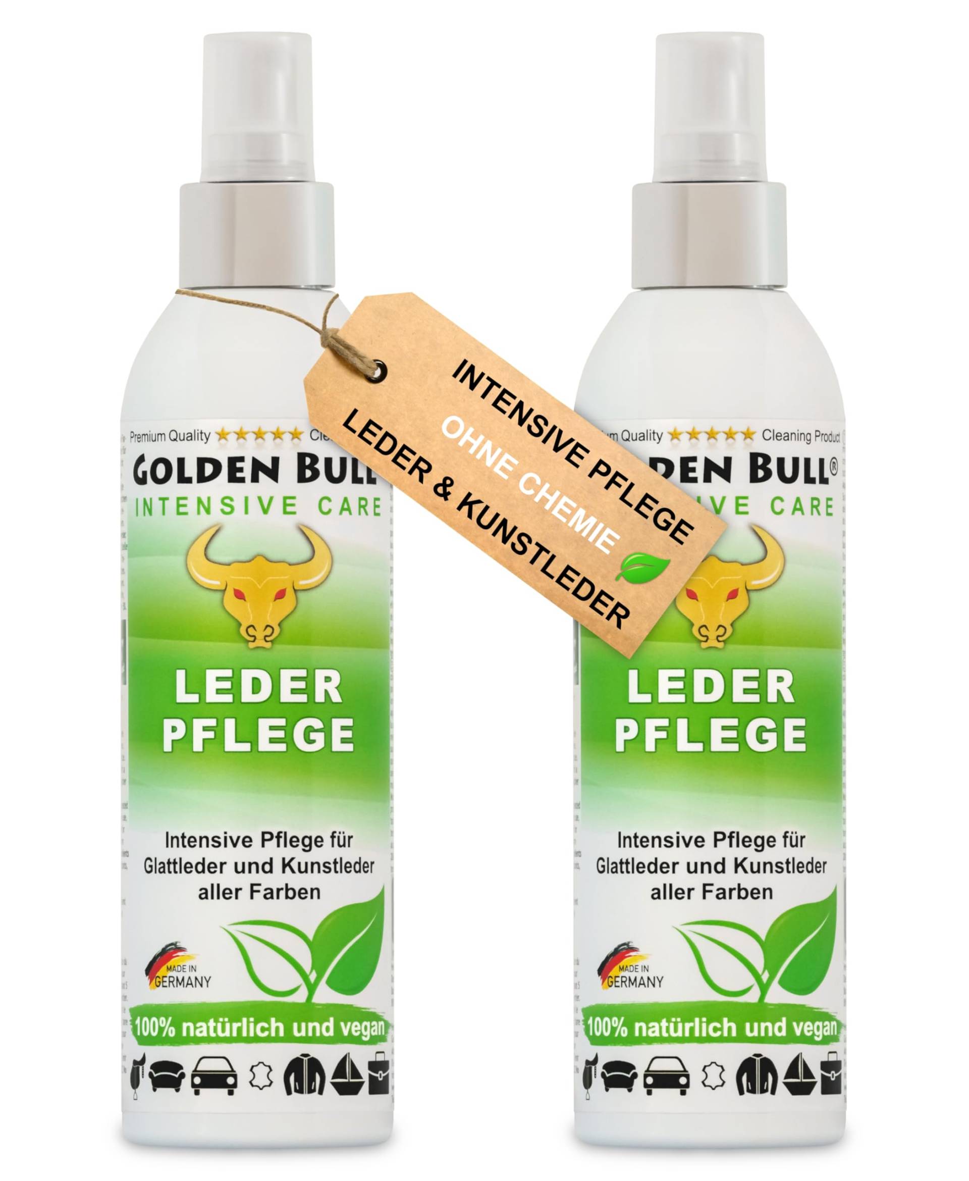 Golden Bull Premium LEDERPFLEGE Auto & Sofa intensiv 2x250ml | Natürliches Leder Kunstleder Pflege Spray zum Pflegen von Ledercouch Möbel Lederjacke Schuhe | Pflegemittel für Glattleder & Kunstleder von GOLDEN BULL Lederreinigung und Pflege