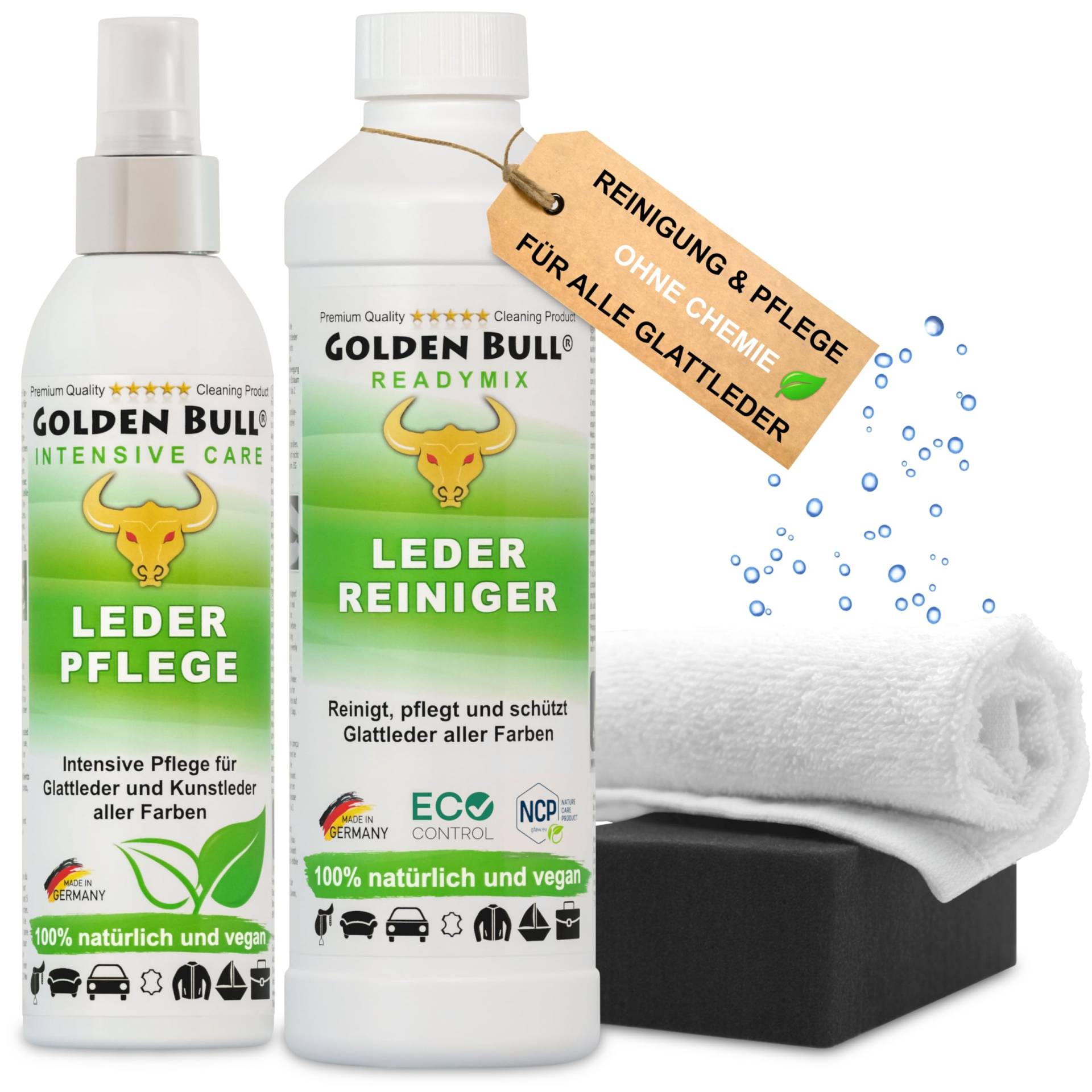 Golden Bull® Lederreiniger & Lederpflege für Ledercouch Set intensiv [STARK - VEGAN - OHNE CHEMIE] Leder Reiniger 500ml, Pflegemittel 250ml, Schwamm, Tuch für optimale Reinigung & Pflege von Auto Sofa von GOLDEN BULL Lederreinigung und Pflege