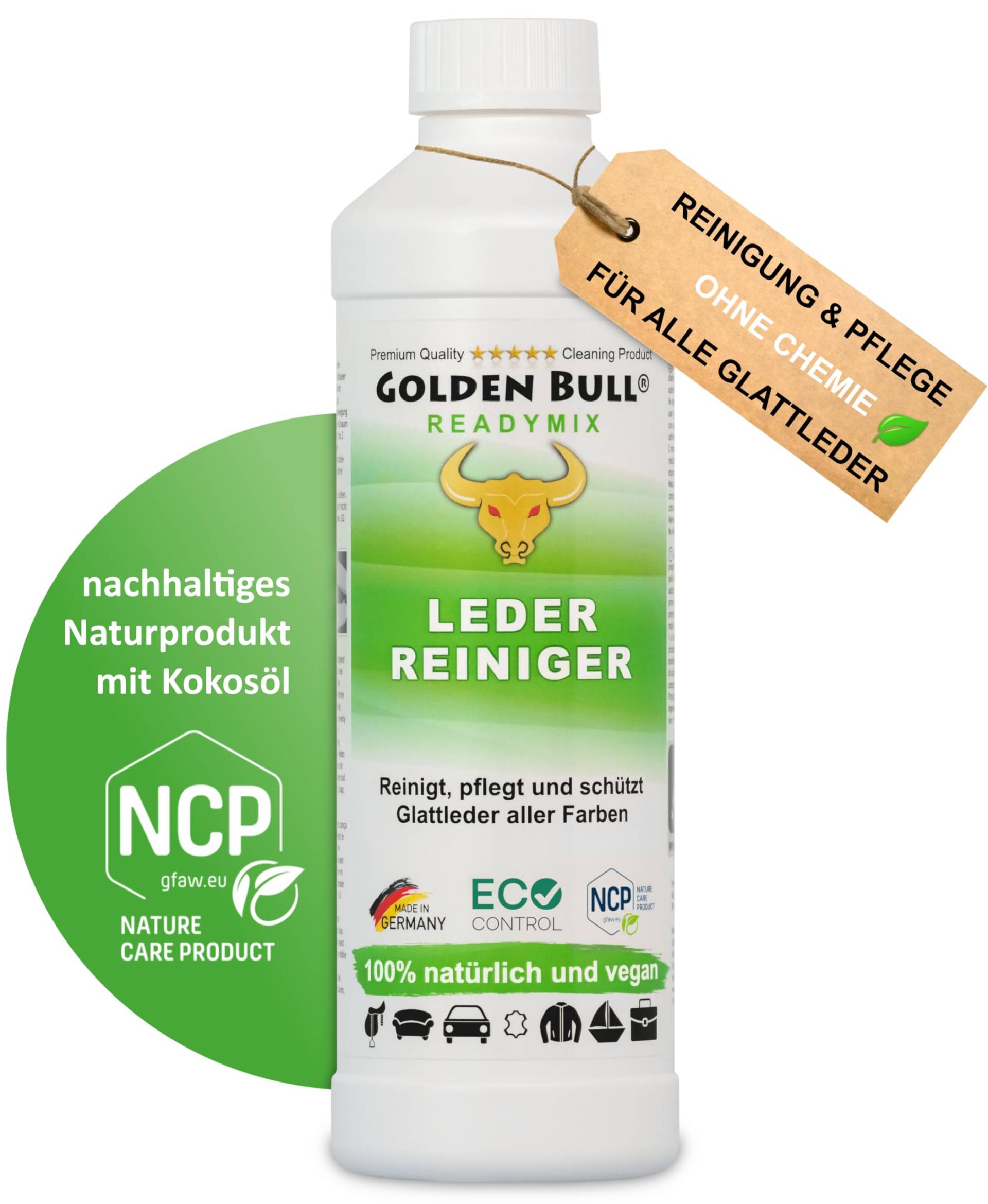 Golden Bull® Lederreiniger & Lederpflege für Ledercouch 500ml [STARK - VEGAN - OHNE Chemie] Leder Reiniger mit natürlichem Kokosöl für nachhaltige Reinigung & Pflege von Autositz Sofa Couch Jacke von GOLDEN BULL Lederreinigung und Pflege