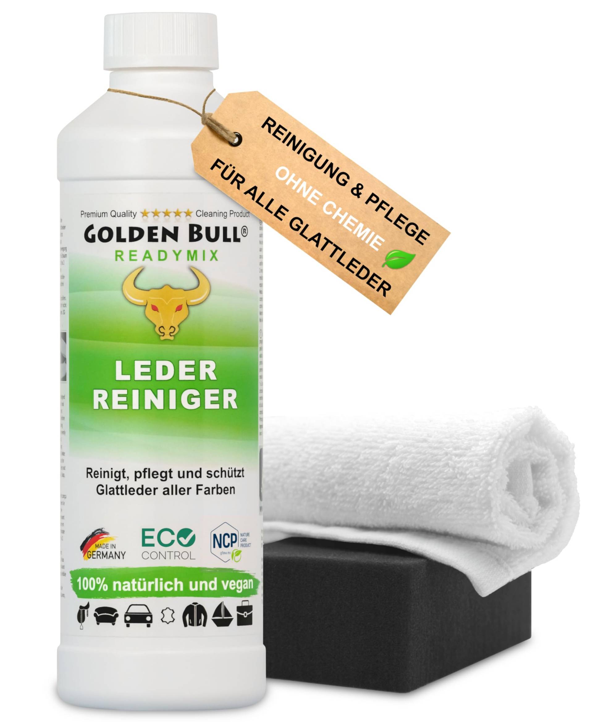 Golden Bull® Lederreiniger & Lederpflege für Ledercouch Set [STARK - VEGAN - OHNE Chemie] Leder Reiniger 500ml, Schwamm, Tuch - mit natürlichem Kokosöl für optimale Reinigung & Pflege von Auto Sofa von GOLDEN BULL Lederreinigung und Pflege