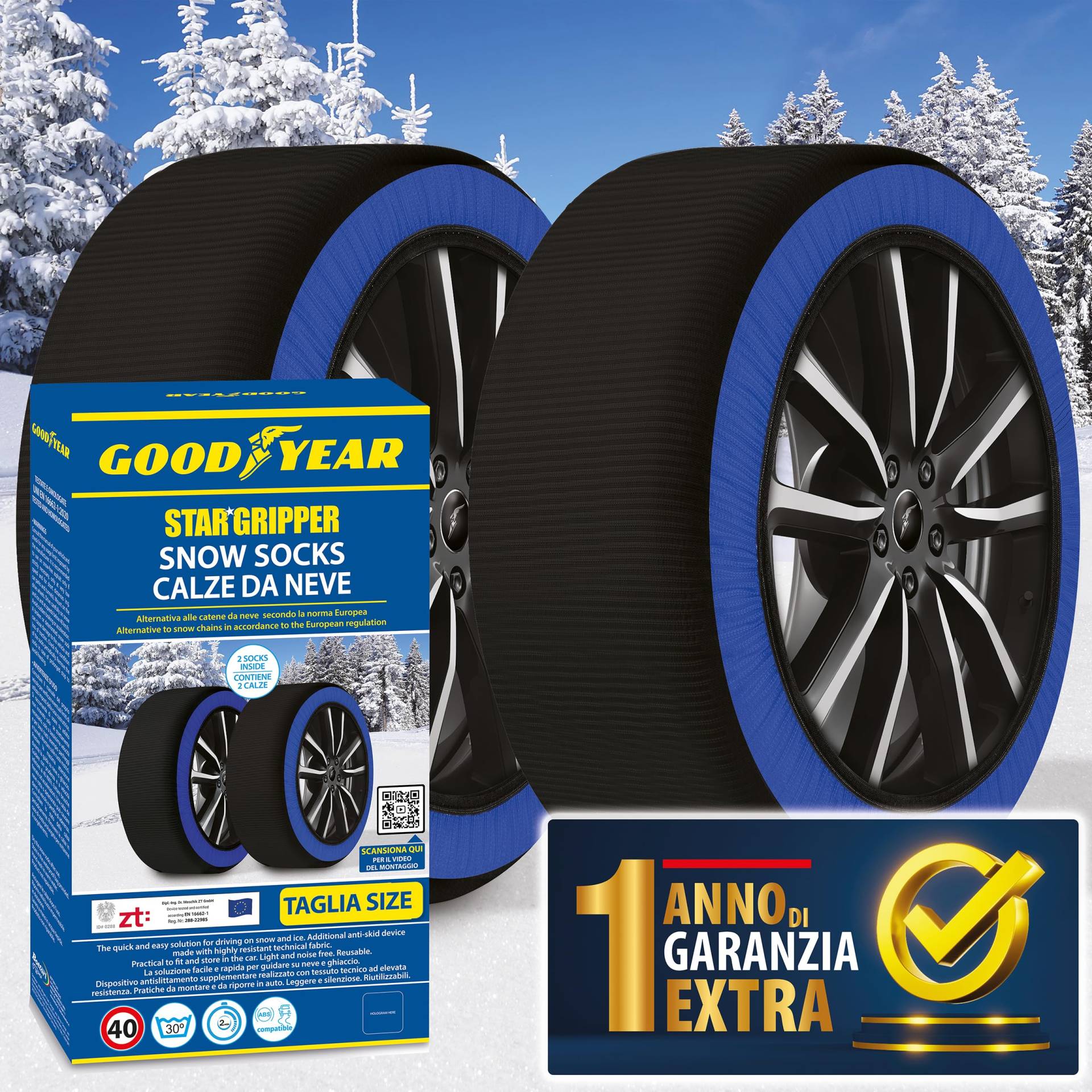 Goodyear Star Gripper Schneeketten zugelassen Italien EN 16662-1:2020 Zwei Schneeketten aus Stoff für Auto. Snow Sock Größe L von Goodyear