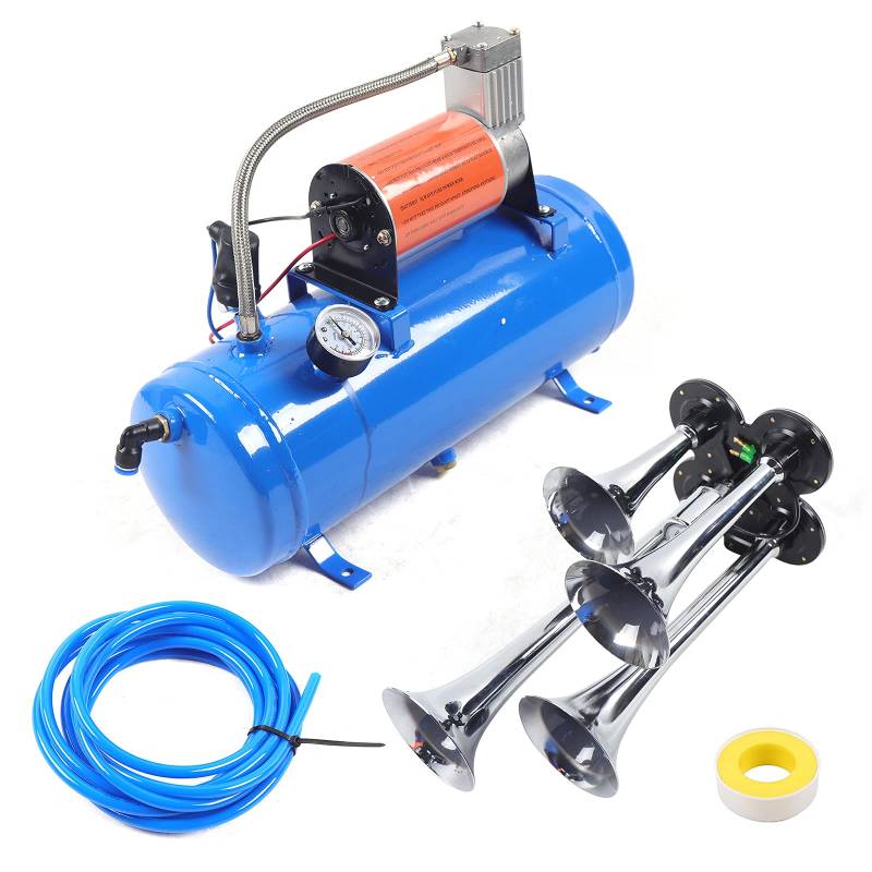 Gorgivous DC 12V Air Horn Compressor Kit 150PSI 6L Train Air Horn Kit mit 4 Tube Horn& 90 PSI on 120 PSI off Druckschalter Einstellung von Gorgivous