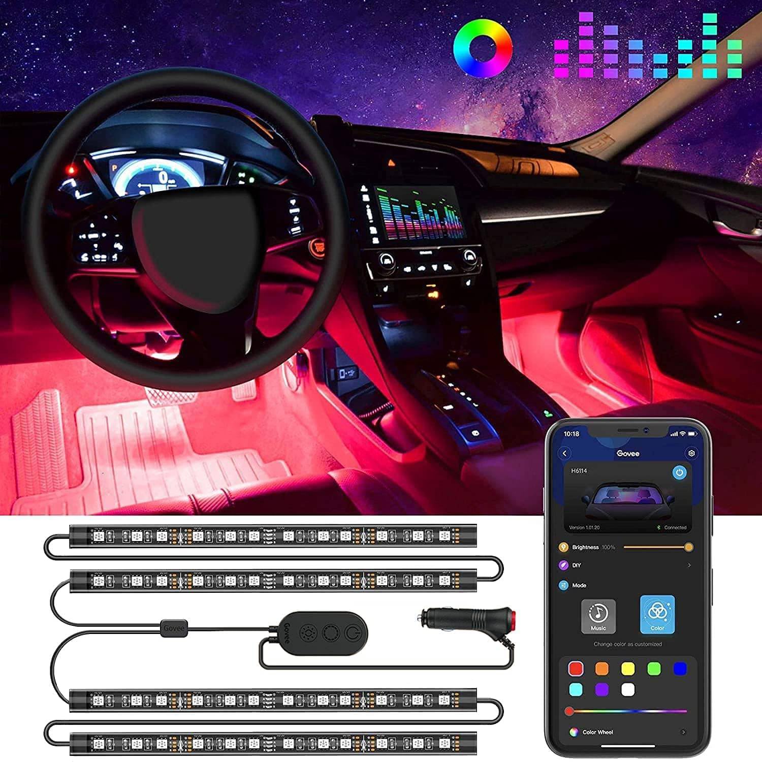 Govee LED Innenbeleuchtung Auto, 4pcs 48 Strip, Upgrade Zwei-Linien-Design, Wasserdicht Beleuchtung APP Steuerbare Mehrfarbig Musik mit Zigarettenanzünder, 12V von Govee