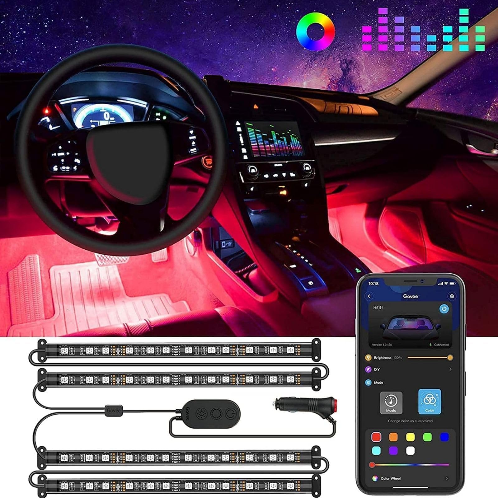 Govee LED Innenbeleuchtung Auto, 4pcs 48 Strip, Upgrade Zwei-Linien-Design, Wasserdicht Beleuchtung APP Steuerbare Mehrfarbig Musik mit Zigarettenanzünder, 12V von Govee