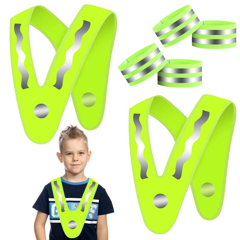 Gowkeey Warnwesten Kinder,2 Warnweste Kinder mit 4 Reflektorband 360 Grad Reflektierende V-Form Warnweste Leichte Warnweste Kinder Reflektorweste für Kinder, Laufen, Radfahren, Nächtliche Straßen von Gowkeey