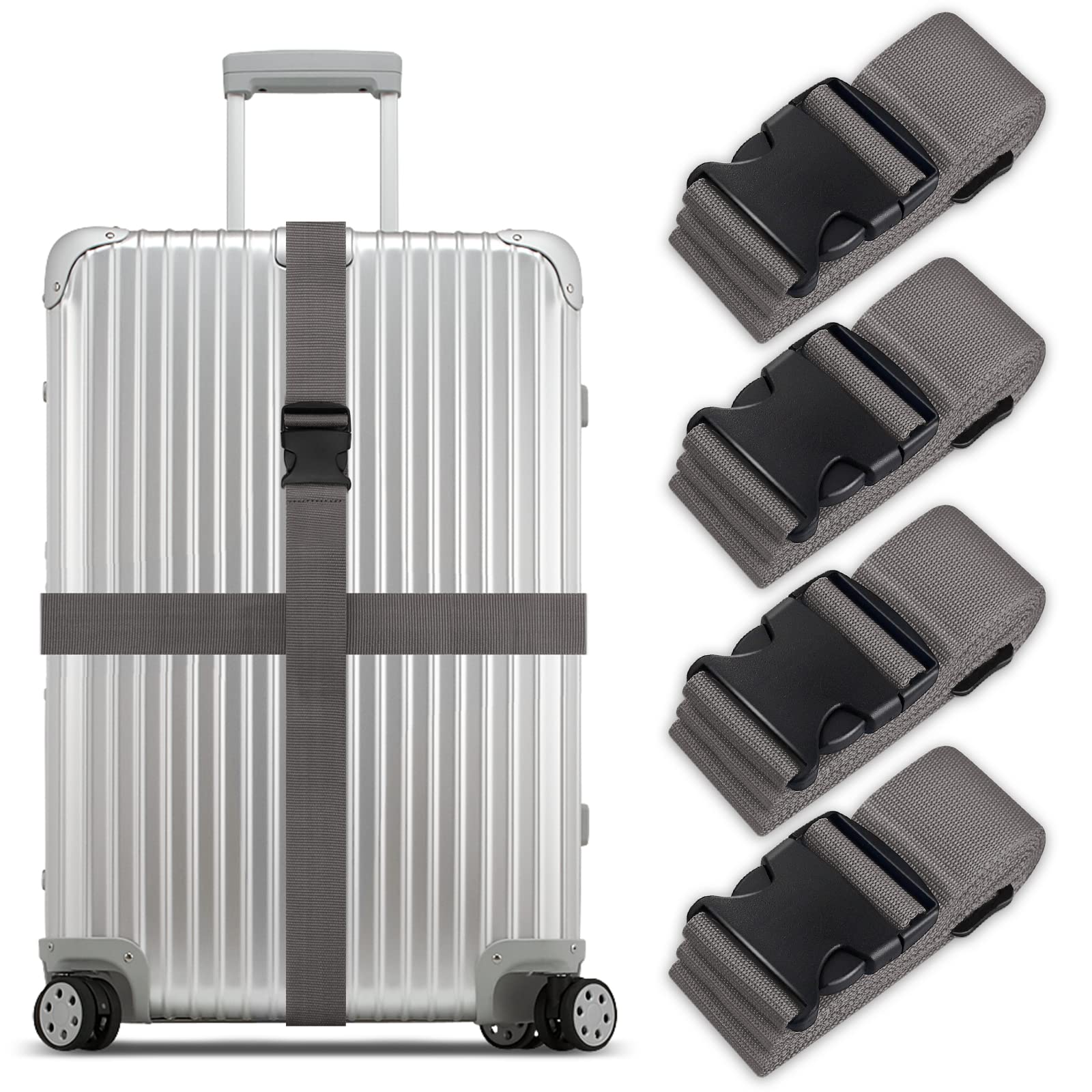 Koffergurt Set, gepäckband, kofferbänder, koffergurte Personalisierte Identifikation Verstellbare Rutschfestes Reisezube (Grau, 4 Stück Set) von Grantop