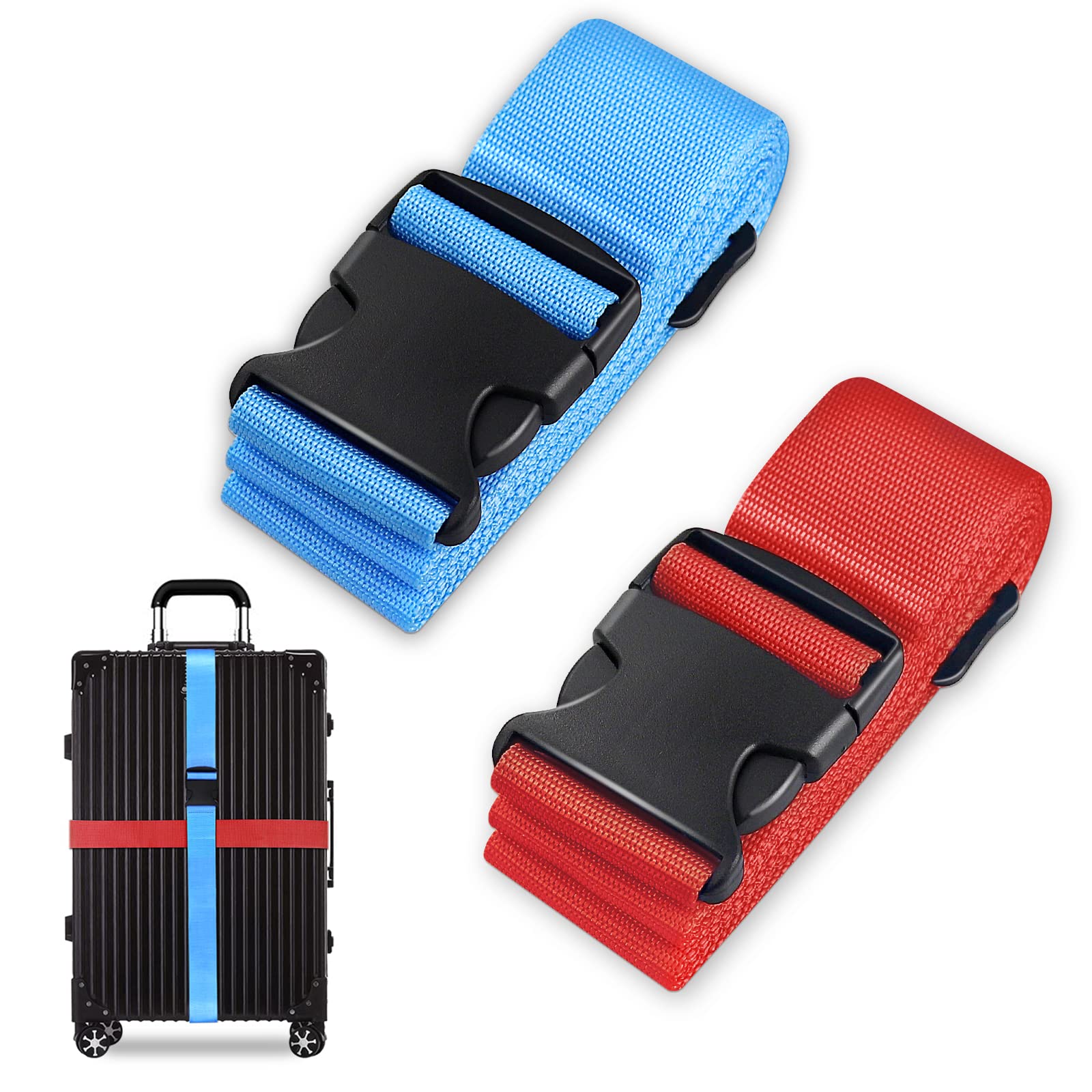 Koffergurt Set, gepäckband, kofferbänder, koffergurte Personalisierte Identifikation Verstellbare Rutschfestes Reisezube (Blau Rot, 2 Stück Set) von Grantop