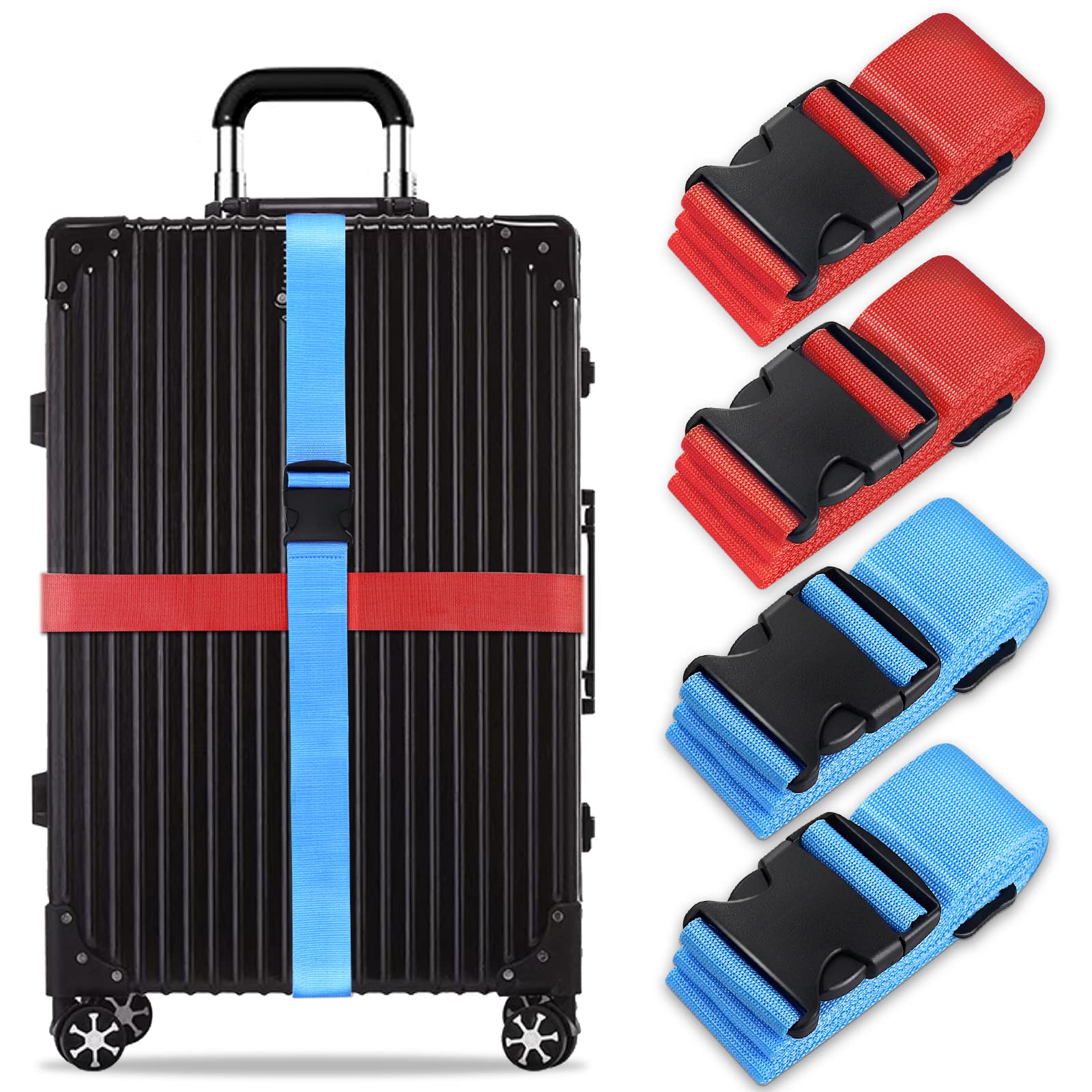 Koffergurt Set, gepäckband, kofferbänder, koffergurte Personalisierte Identifikation Verstellbare Rutschfestes Reisezube (Blau Rot, 4 Stück Set) von Grantop