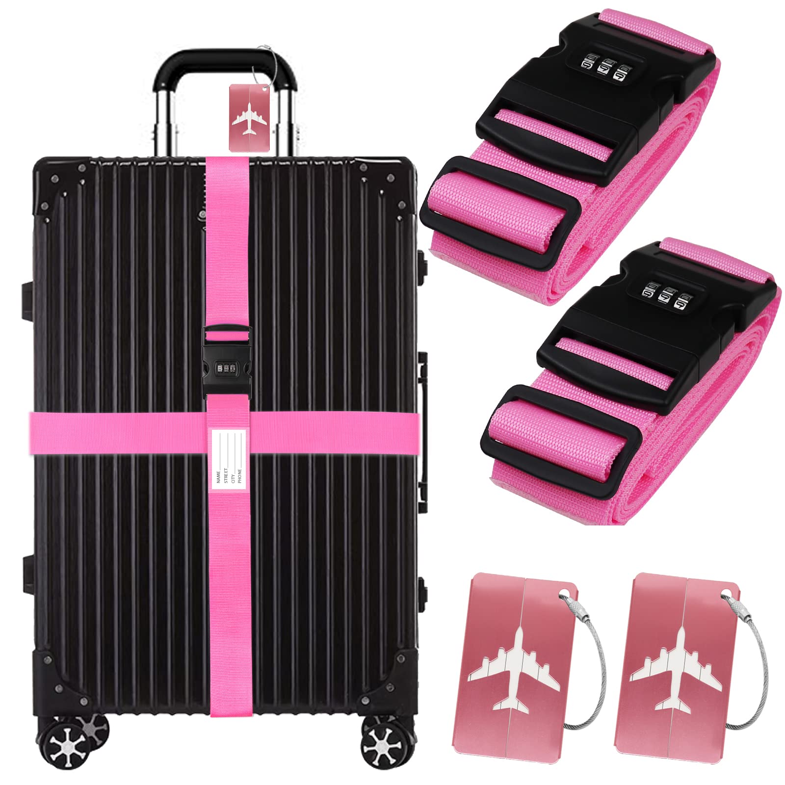 Passwort Koffergurt Kofferanhänger Set, 2 Stück gepäckband mit Schloss mit 2 Stück Gepäckanhänger Set, Rosa Kofferband Gurt Personalisierte Identifikation für Gepäck Reisetasche Koffer von Grantop