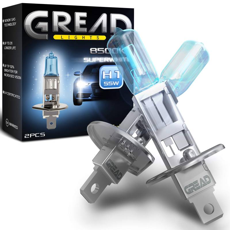Gread - 2x H1 Halogen Birne Xenon Optik - superweiss - 8500k 55W - E-Prüfzeichen von Gread