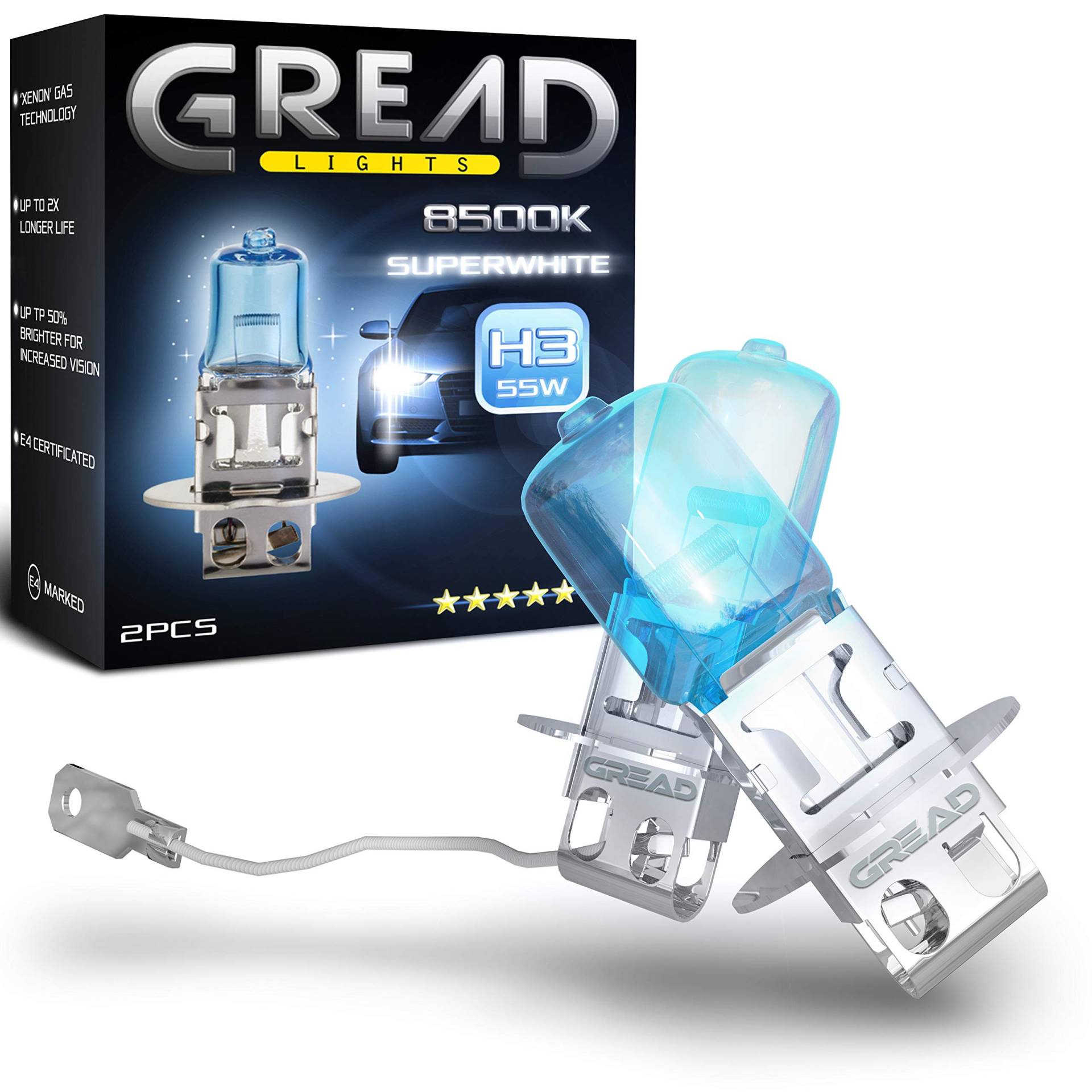 Gread - 2x H3 Halogen Scheinwerferlampe - superweiß - 8500k 55W - E-Prüfzeichen von Gread
