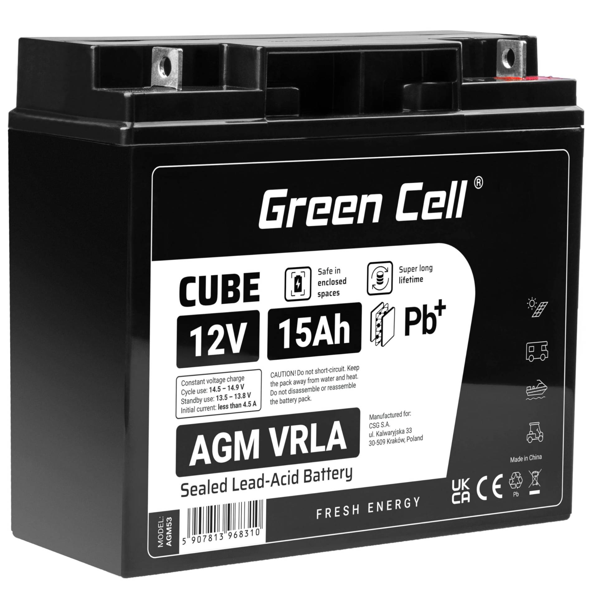 Green Cell® AGM 12V 15Ah Akku Vlies Batterie VRLA Blei Batterie Bleiakku Ersatzakku Akkubatterie Versorgungsbatterie Zyklenfest Wartungsfrei UPS | USV | Kinder-Quad | Rasenmäher | Rollstuhl | eBike von Green Cell