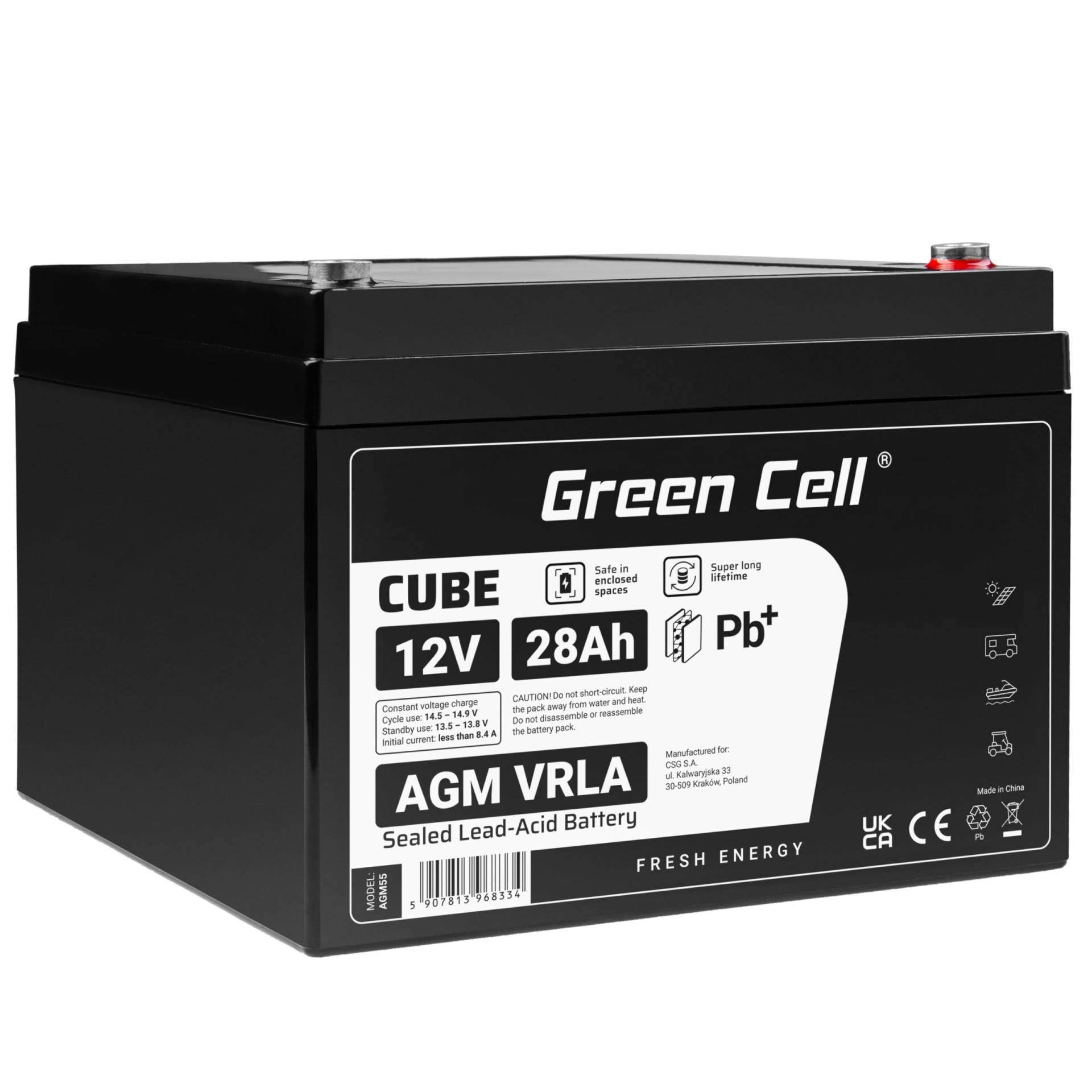 Green Cell® AGM 12V 28Ah Akku Vlies Batterie VRLA Blei Batterie Bleiakku Ersatzakku Akkubatterie Versorgungsbatterie Zyklenfest Wartungsfrei Aufsitzmäher Rasenmäher Rollstuhl Scooter Boot von Green Cell