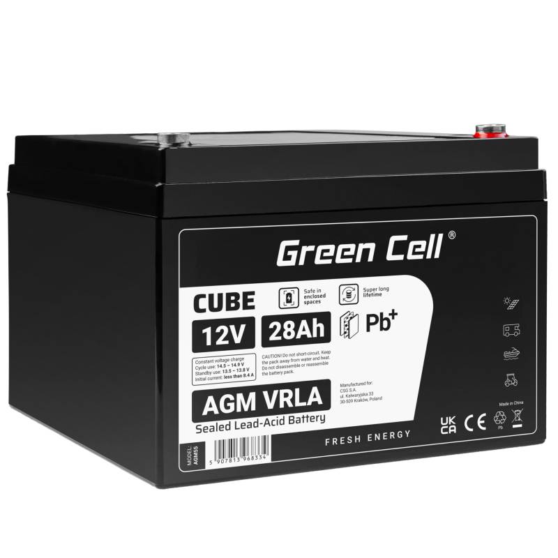 Green Cell® AGM 12V 28Ah Akku Vlies Batterie VRLA Blei Batterie Bleiakku Ersatzakku Akkubatterie Versorgungsbatterie Zyklenfest Wartungsfrei Aufsitzmäher Rasenmäher Rollstuhl Scooter Boot von Green Cell